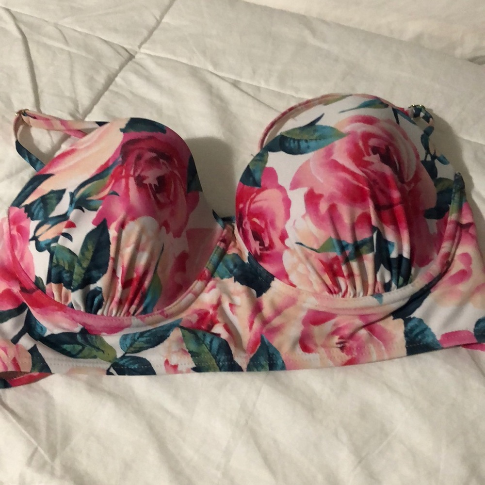 White / Pink Floral Print Bikini Top